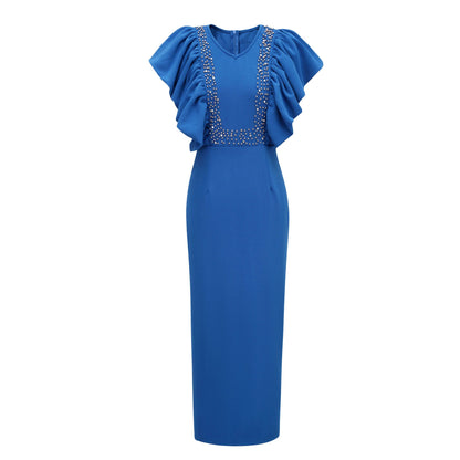 Pearl Embellished Ruffle Sleeve V-Neck Bodycon Midi Dress - Wedding Guest - MSHIGHBEAUTY