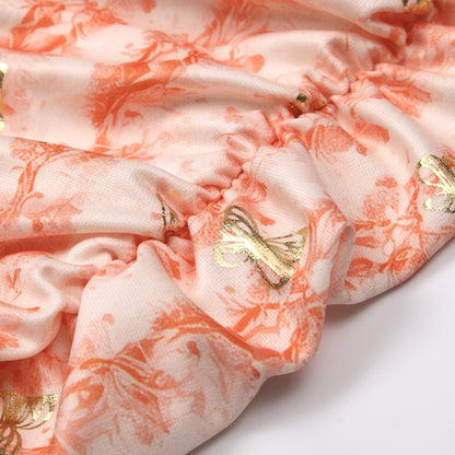 Butterfly Print Gold Foil Ruched Bodycon Midi Dress - Short Sleeve Party Dress - MSHIGHBEAUTY