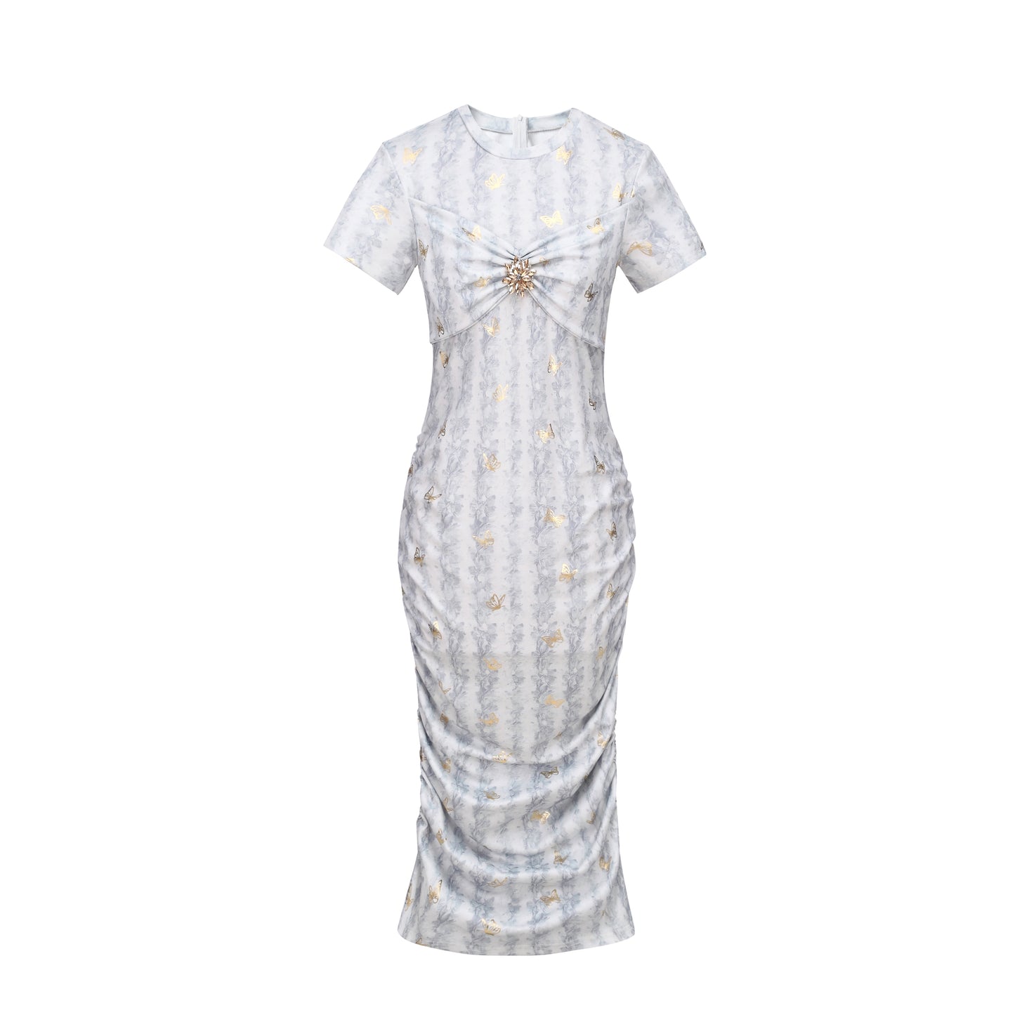 Elegant Grey Butterfly Print Ruched Dress | Gold Foil Pattern | Short Sleeve Bodycon Midi Dress