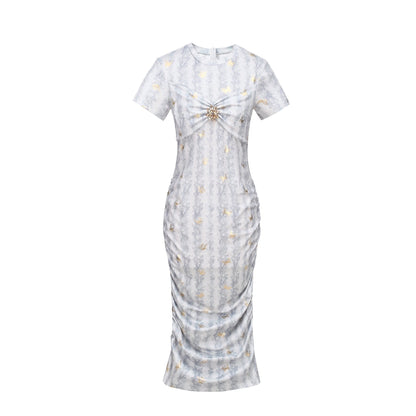 Butterfly Print Gold Foil Ruched Bodycon Midi Dress - Short Sleeve Party Dress - MSHIGHBEAUTY