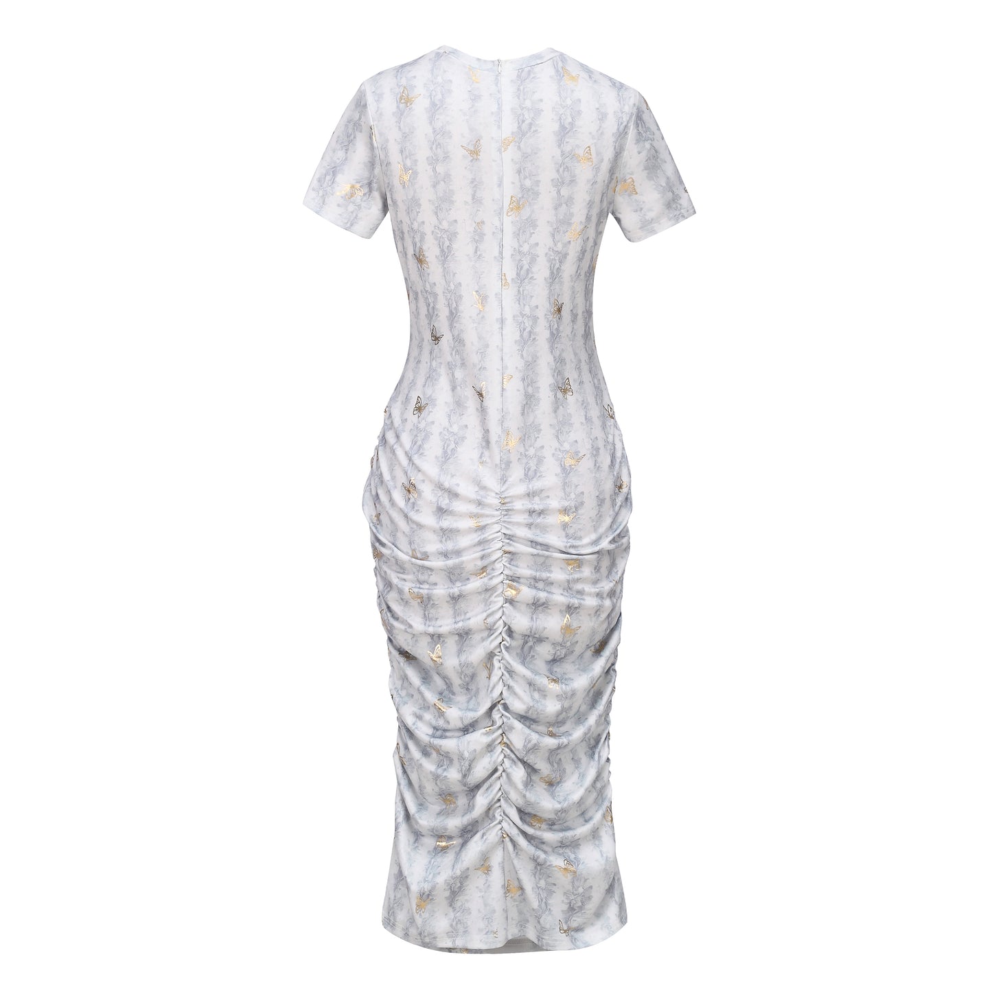Elegant Grey Butterfly Print Ruched Dress | Gold Foil Pattern | Short Sleeve Bodycon Midi Dress
