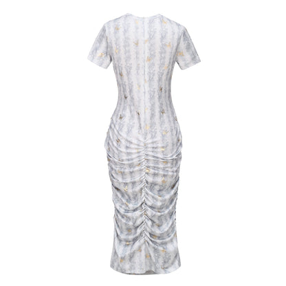 Butterfly Print Gold Foil Ruched Bodycon Midi Dress - Short Sleeve Party Dress - MSHIGHBEAUTY