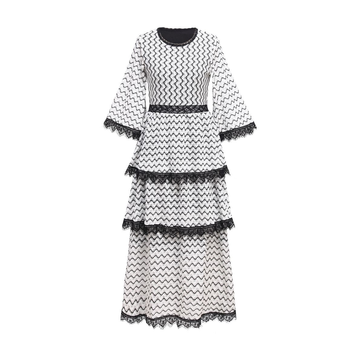 MS2667 Chevron Pattern Tiered Cake Dress with Lace Trim - Plus Size S-XXL
