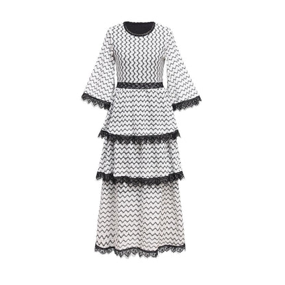 Chevron Tiered Lace Trim Bell Sleeve Midi Dress - Wedding Guest Dress - MSHIGHBEAUTY