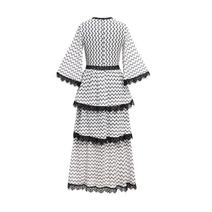 Chevron Tiered Lace Trim Bell Sleeve Midi Dress - Wedding Guest Dress - MSHIGHBEAUTY