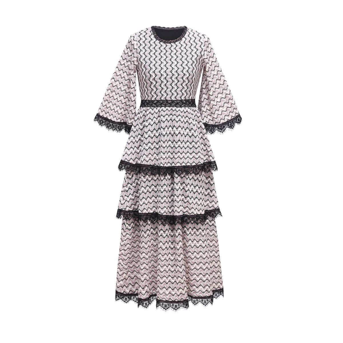 MS2667 Chevron Pattern Tiered Cake Dress with Lace Trim - Plus Size S-XXL