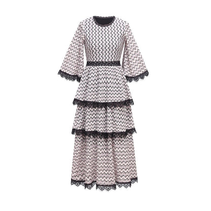 Chevron Tiered Lace Trim Bell Sleeve Midi Dress - Wedding Guest Dress - MSHIGHBEAUTY