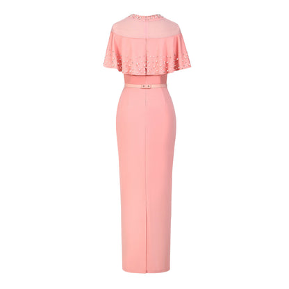 Pearl Rhinestone Ruffle Dress - Mesh Sleeve Wedding Guest Party Dress - MSHIGHBEAUTY