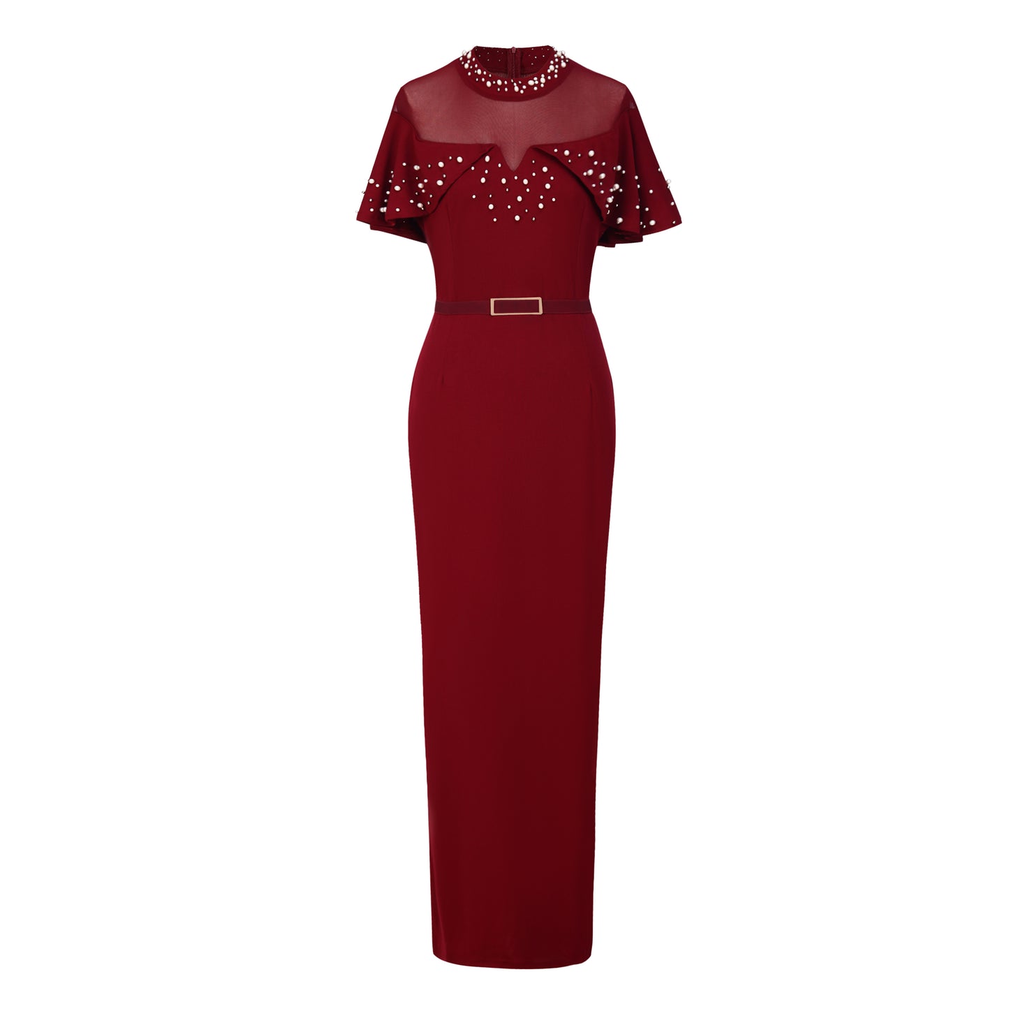 Elegant Pearl Rhinestone Ruffle Dress | 3 Colors | Mesh Sleeve Wedding Guest Party Dress