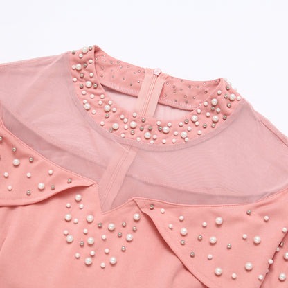 Pearl Rhinestone Ruffle Dress - Mesh Sleeve Wedding Guest Party Dress - MSHIGHBEAUTY