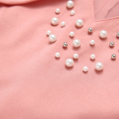 Pearl Rhinestone Ruffle Dress - Mesh Sleeve Wedding Guest Party Dress - MSHIGHBEAUTY