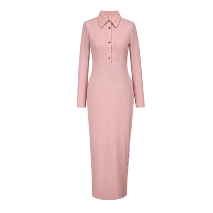 Turn-down Collar Knit Dress | White Ribbed Texture | Side Button Detail