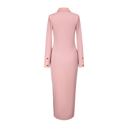 Turn-down Collar Knit Dress | White Ribbed Texture | Side Button Detail