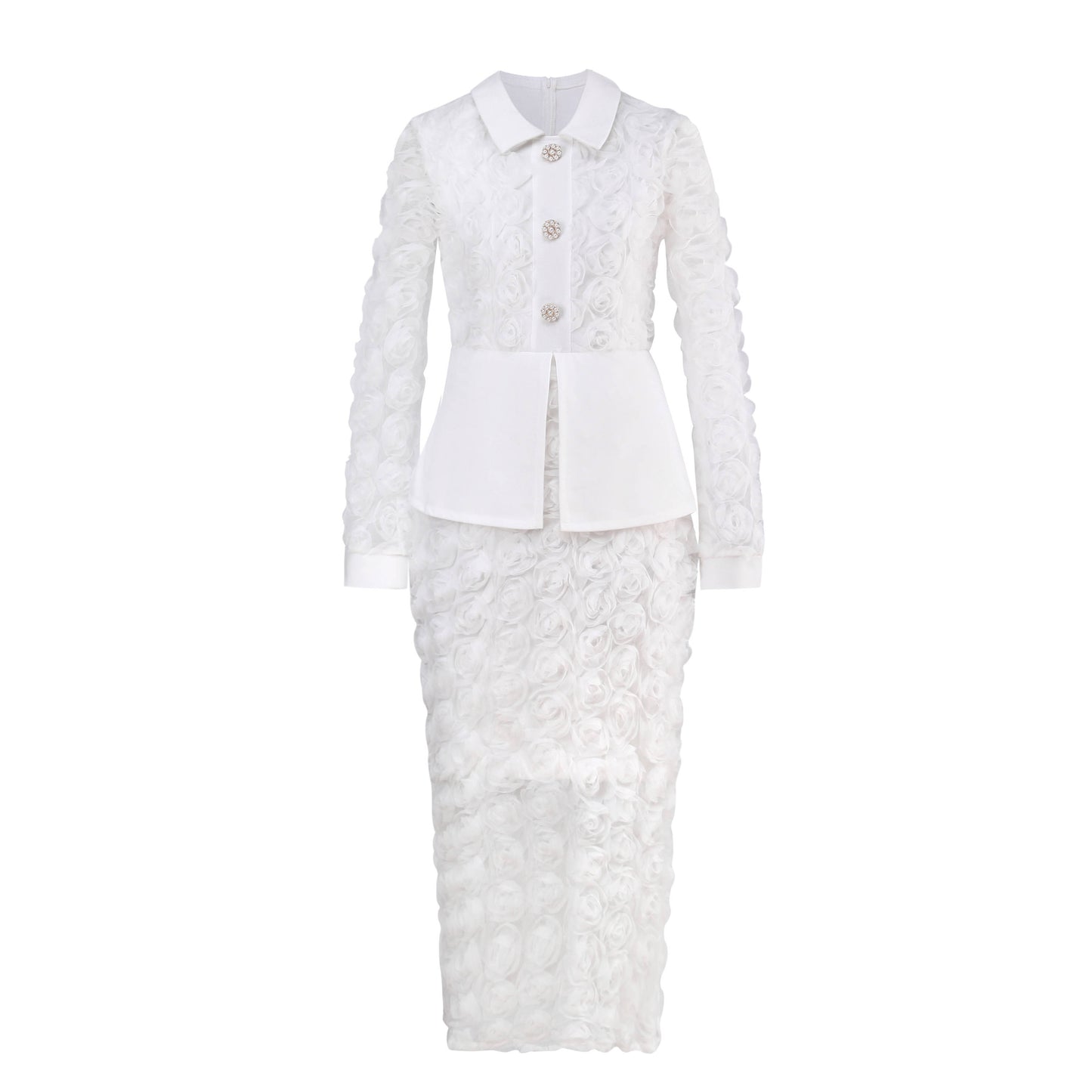3D Rose Lace Faux Two-Piece Dress | 3 Colors | Pearl Button Belted Wedding Guest Dress