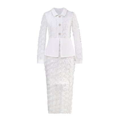 3D Rose Lace Faux Two-Piece Midi Dress with Pearl Button Belt - Wedding Guest - MSHIGHBEAUTY
