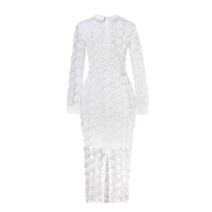 3D Rose Lace Faux Two-Piece Midi Dress with Pearl Button Belt - Wedding Guest - MSHIGHBEAUTY