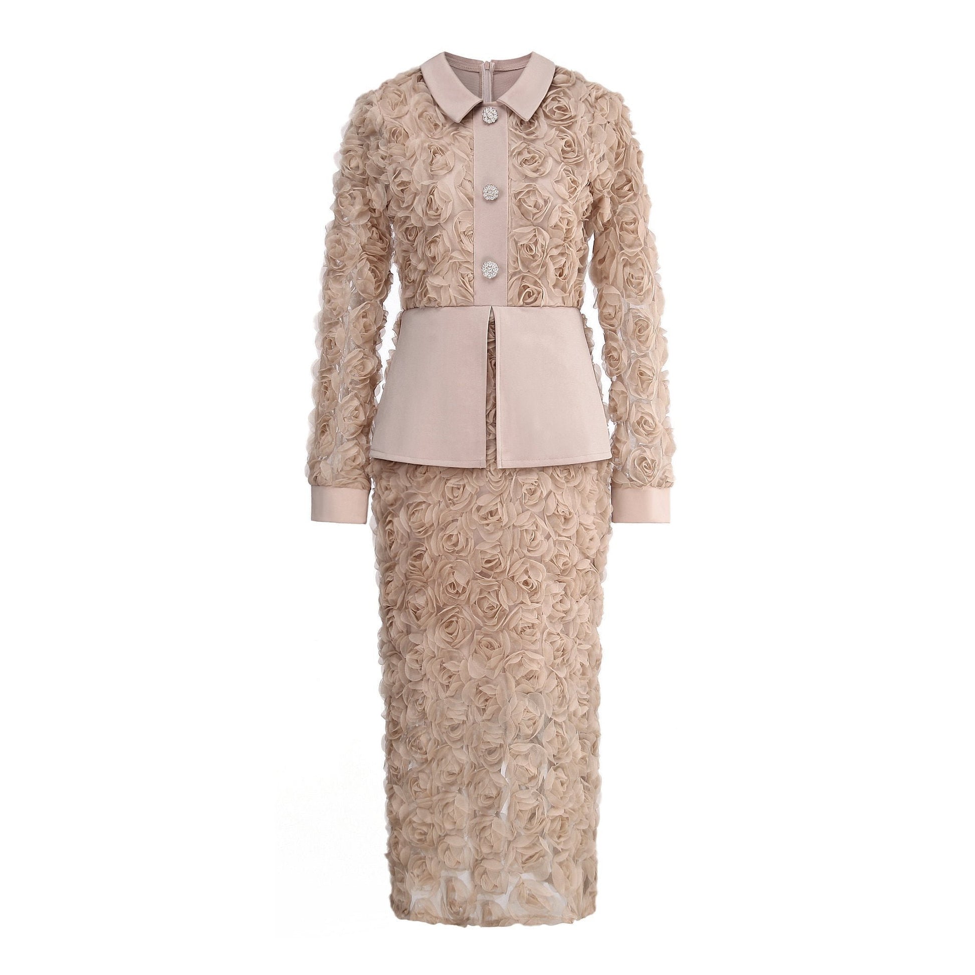 3D Rose Lace Faux Two-Piece Midi Dress with Pearl Button Belt - Wedding Guest - MSHIGHBEAUTY