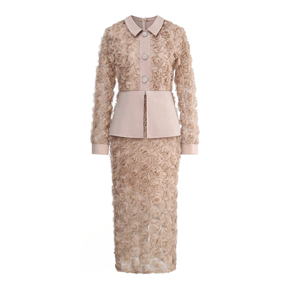 3D Rose Lace Faux Two-Piece Midi Dress with Pearl Button Belt - Wedding Guest - MSHIGHBEAUTY