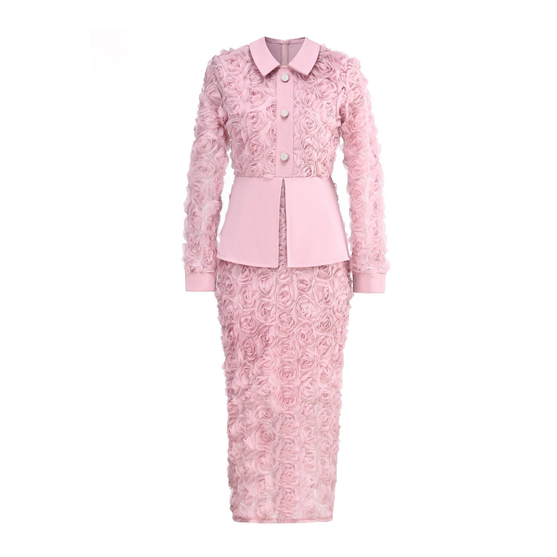 3D Rose Lace Faux Two-Piece Midi Dress with Pearl Button Belt - Wedding Guest - MSHIGHBEAUTY