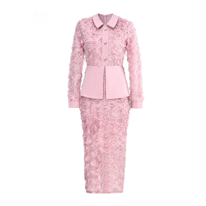 3D Rose Lace Faux Two-Piece Midi Dress with Pearl Button Belt - Wedding Guest - MSHIGHBEAUTY