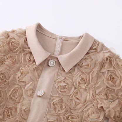 3D Rose Lace Faux Two-Piece Midi Dress with Pearl Button Belt - Wedding Guest - MSHIGHBEAUTY