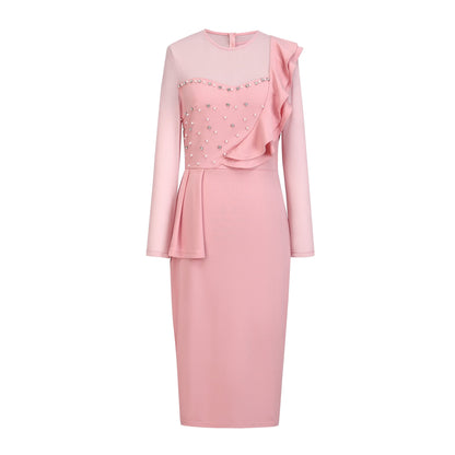 Pearl Rhinestone Ruffle Midi Dress with Mesh Sleeves - Wedding Guest Dress - MSHIGHBEAUTY
