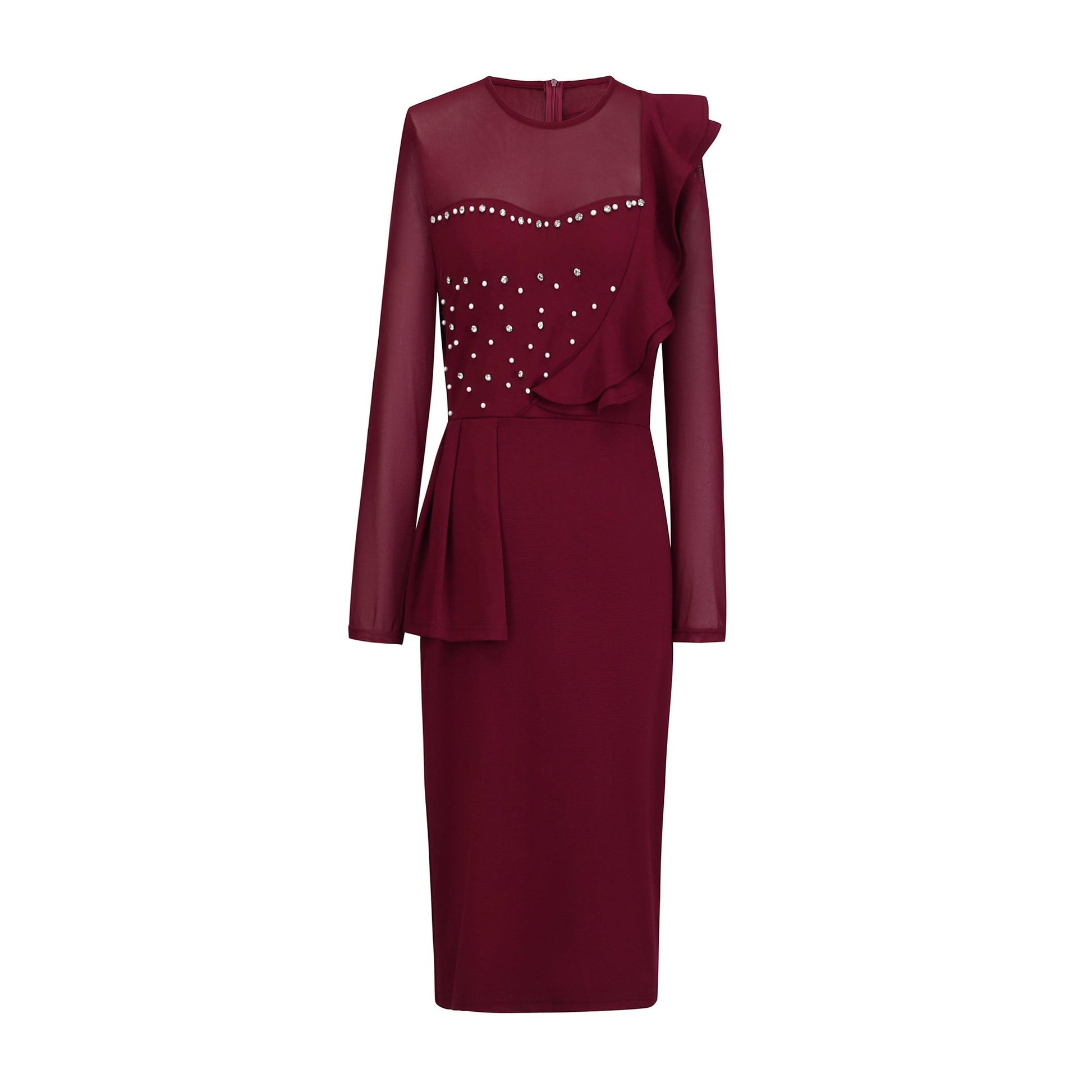 Pearl Rhinestone Ruffle Midi Dress with Mesh Sleeves - Wedding Guest Dress - MSHIGHBEAUTY