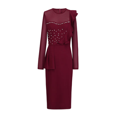 Pearl Rhinestone Ruffle Midi Dress with Mesh Sleeves - Wedding Guest Dress - MSHIGHBEAUTY