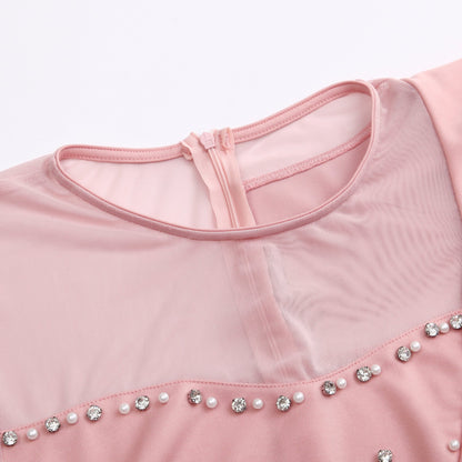 Pearl Rhinestone Ruffle Midi Dress with Mesh Sleeves - Wedding Guest Dress - MSHIGHBEAUTY