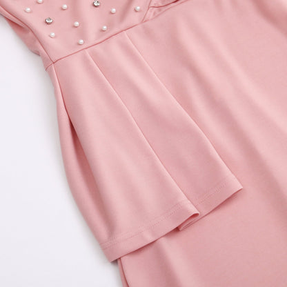 Pearl Rhinestone Ruffle Midi Dress with Mesh Sleeves - Wedding Guest Dress - MSHIGHBEAUTY