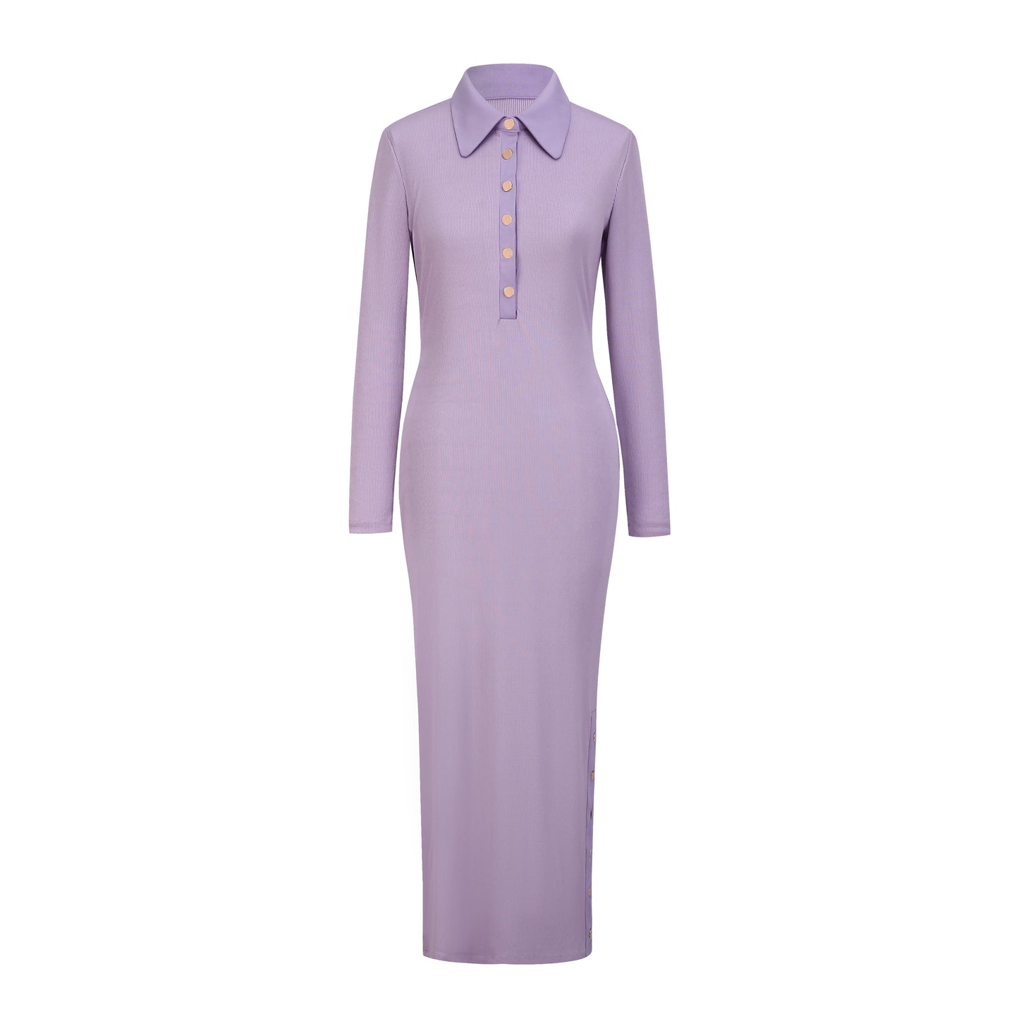 Turn-down Collar Knit Dress | White Ribbed Texture | Side Button Detail