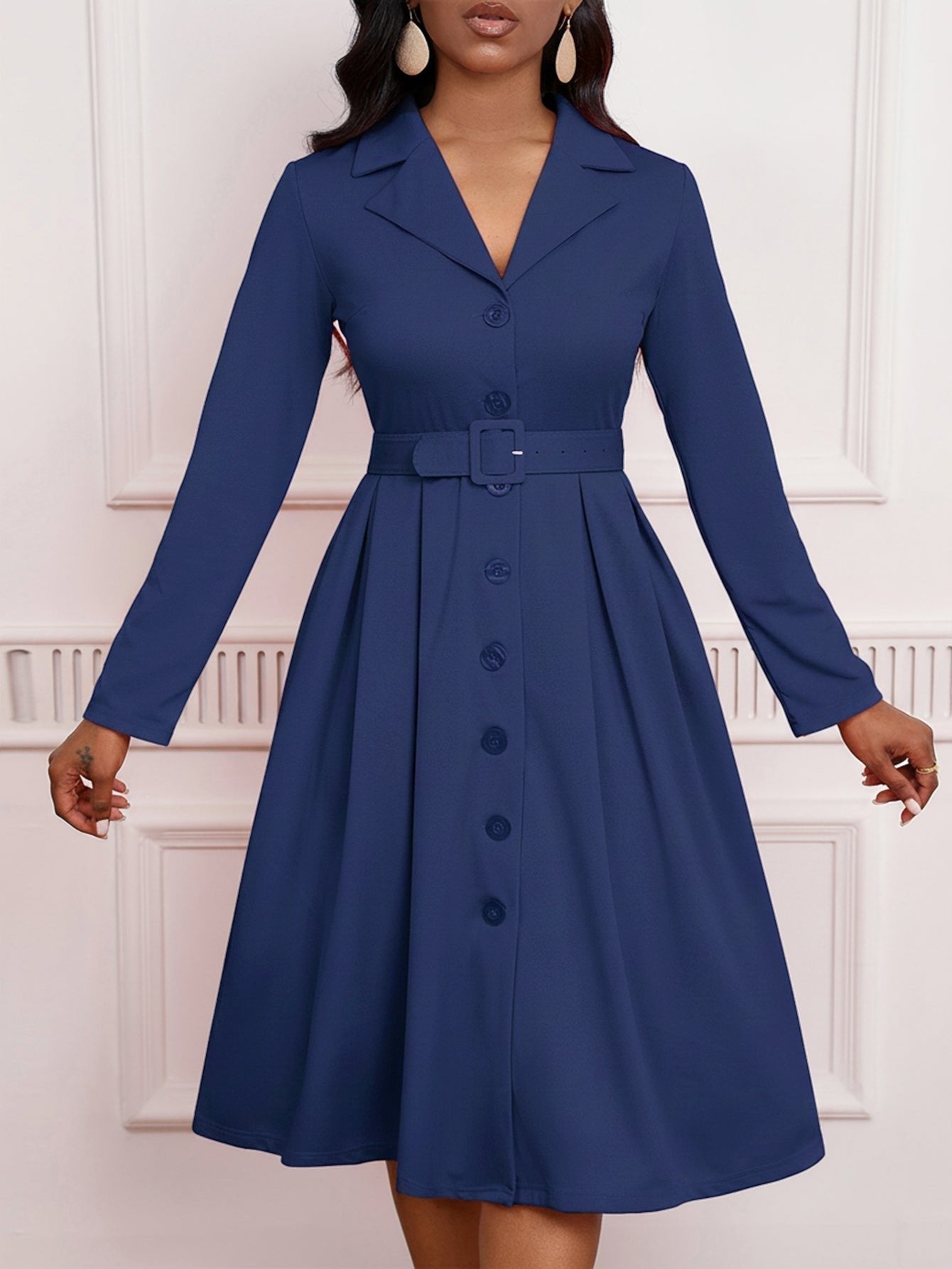 Blazer Collar Button Front Belted A-Line Midi Dress - Office Workwear - MSHIGHBEAUTY