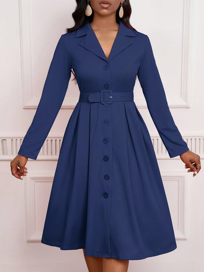 Blazer Collar Button Front Belted A-Line Midi Dress - Office Workwear - MSHIGHBEAUTY