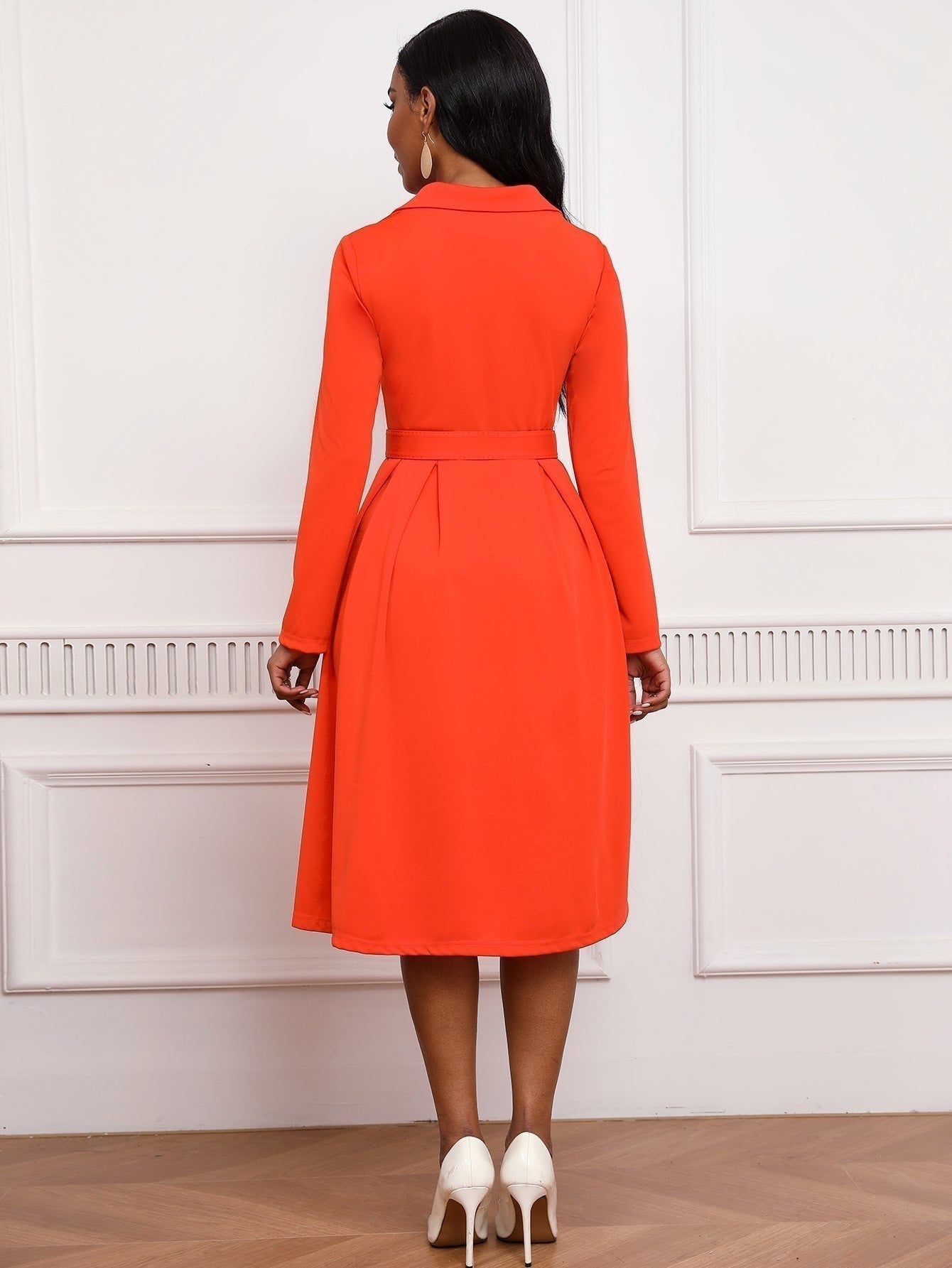 Blazer Collar Button Front Belted A-Line Midi Dress - Office Workwear - MSHIGHBEAUTY