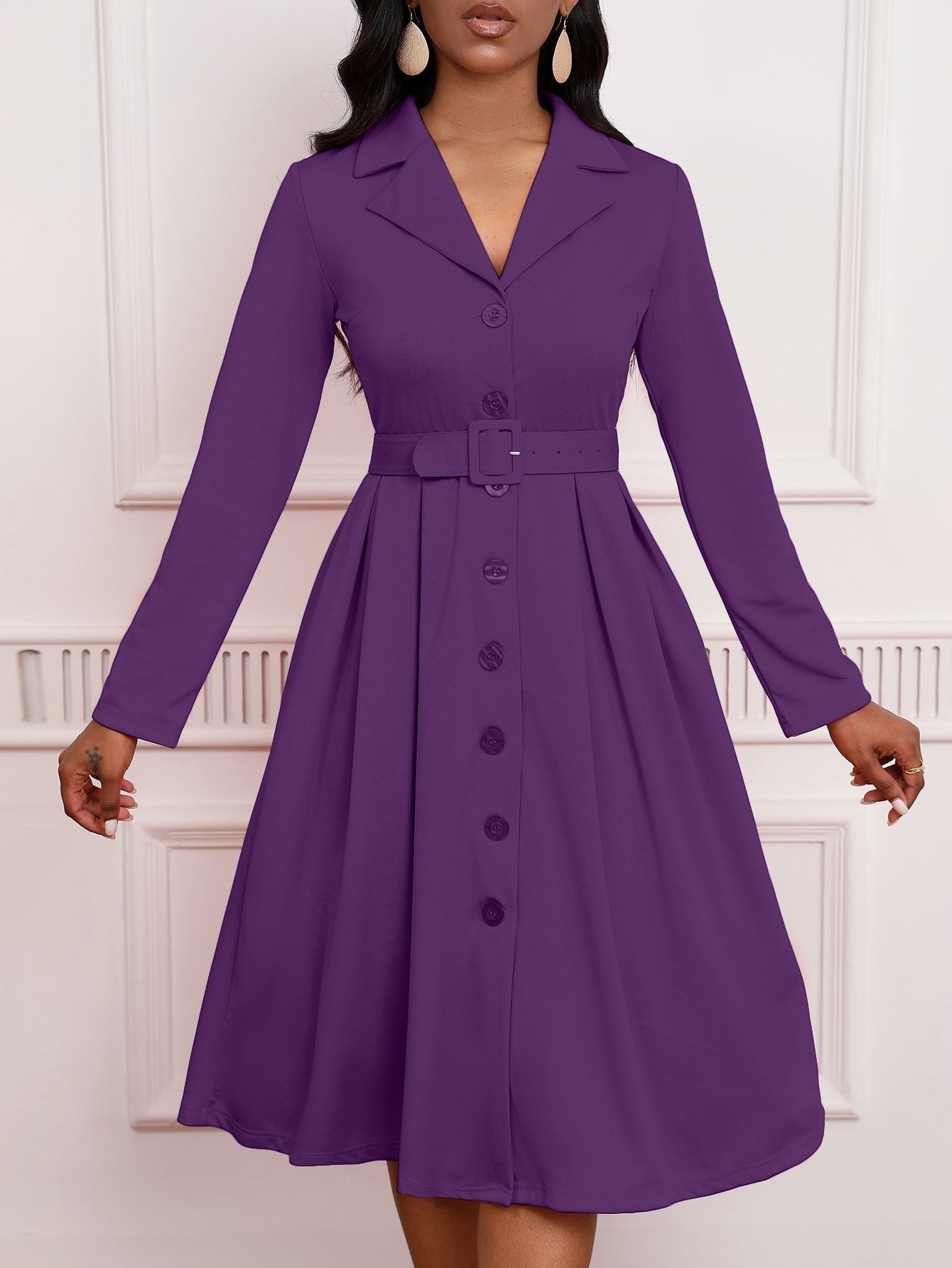 Blazer Collar Button Front Belted A-Line Midi Dress - Office Workwear - MSHIGHBEAUTY