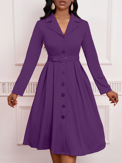 Blazer Collar Button Front Belted A-Line Midi Dress - Office Workwear - MSHIGHBEAUTY