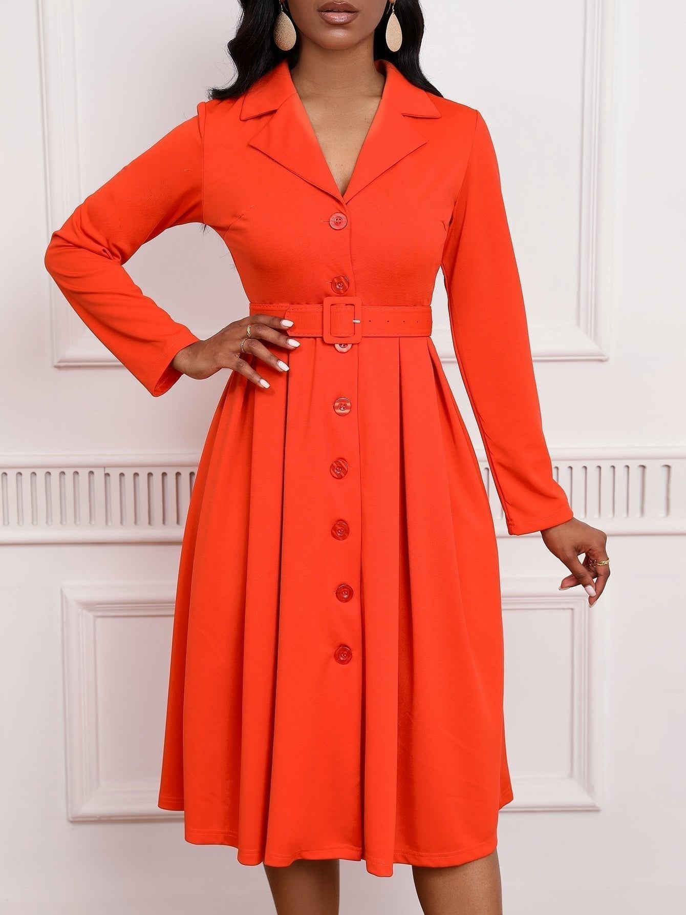 Blazer Collar Button Front Belted A-Line Midi Dress - Office Workwear - MSHIGHBEAUTY