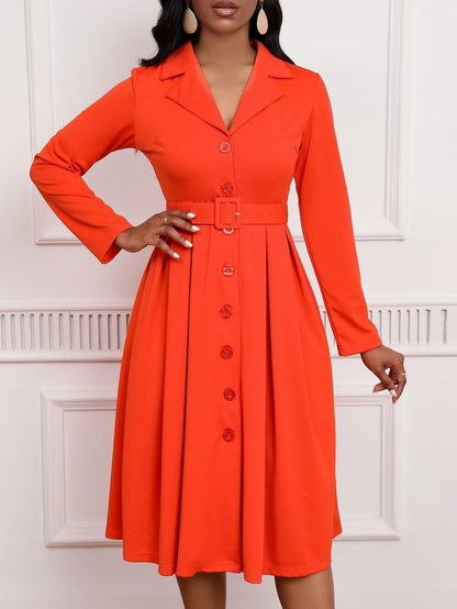 Blazer Collar Button Front Belted A-Line Midi Dress - Office Workwear - MSHIGHBEAUTY