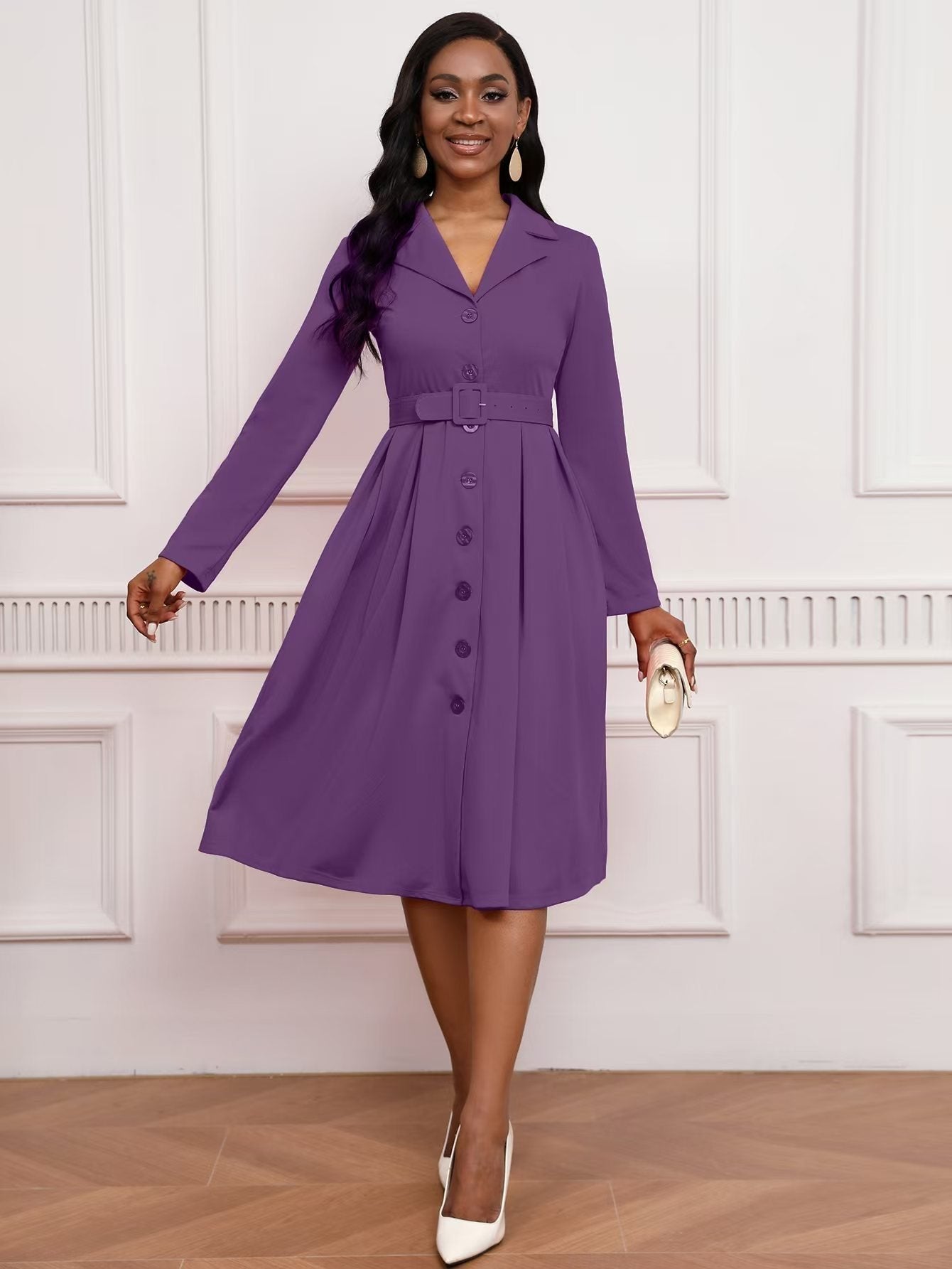 Blazer Collar Button Front Belted A-Line Midi Dress - Office Workwear - MSHIGHBEAUTY