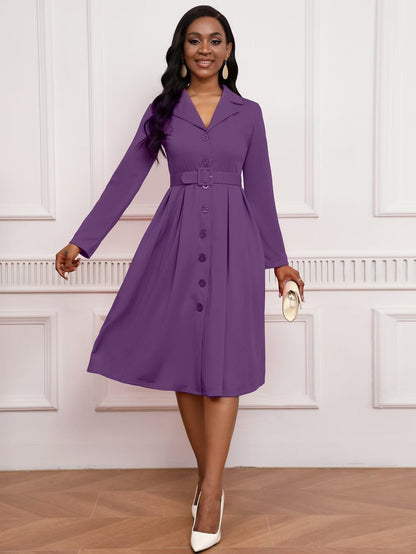 Blazer Collar Button Front Belted A-Line Midi Dress - Office Workwear - MSHIGHBEAUTY