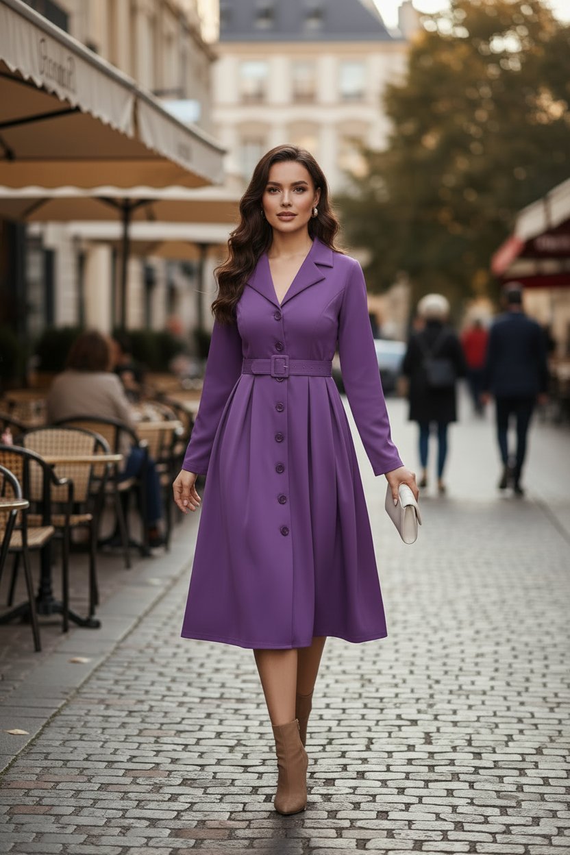 Blazer Collar Button Front Belted A-Line Midi Dress - Office Workwear - MSHIGHBEAUTY
