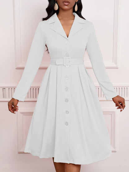 Blazer Collar Button Front Belted A-Line Midi Dress - Office Workwear - MSHIGHBEAUTY