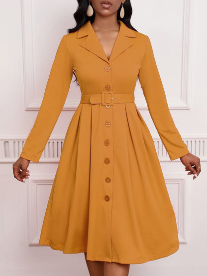 Blazer Collar Button Front Belted A-Line Midi Dress - Office Workwear - MSHIGHBEAUTY