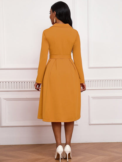 Blazer Collar Button Front Belted A-Line Midi Dress - Office Workwear - MSHIGHBEAUTY
