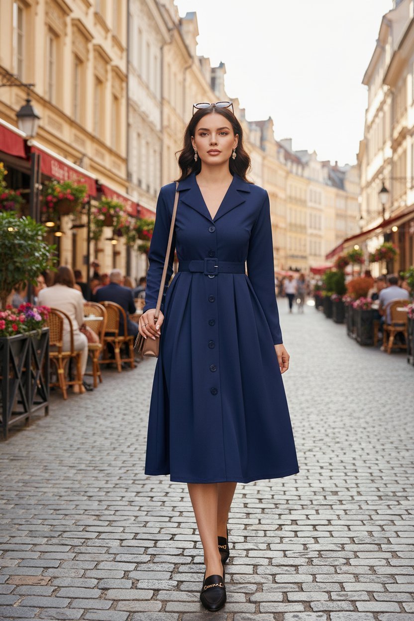 Blazer Collar Button Front Belted A-Line Midi Dress - Office Workwear - MSHIGHBEAUTY