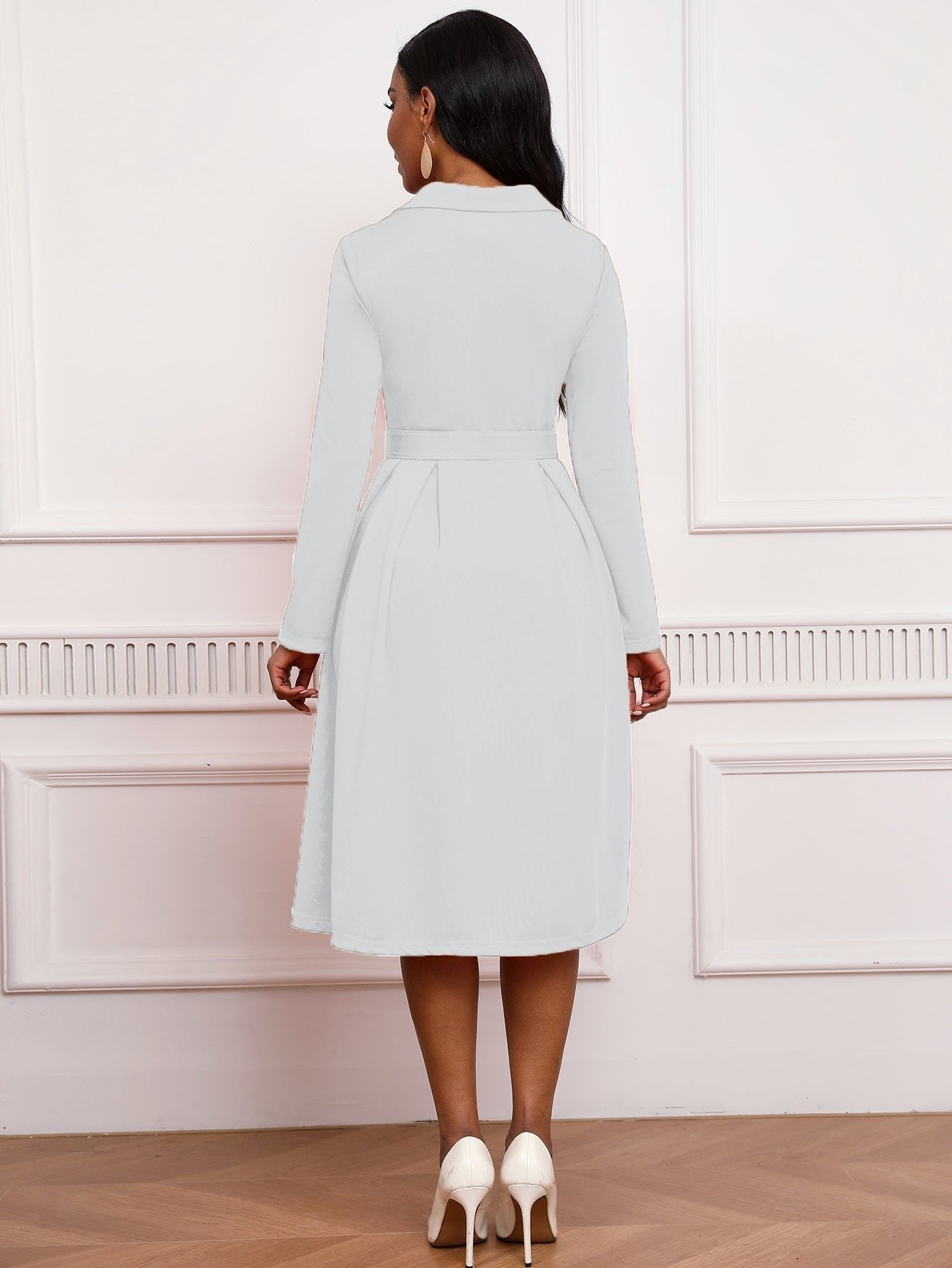 Blazer Collar Button Front Belted A-Line Midi Dress - Office Workwear - MSHIGHBEAUTY