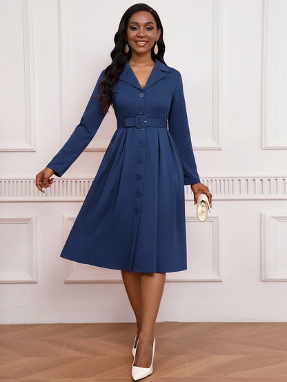 Blazer Collar Button Front Belted A-Line Midi Dress - Office Workwear - MSHIGHBEAUTY