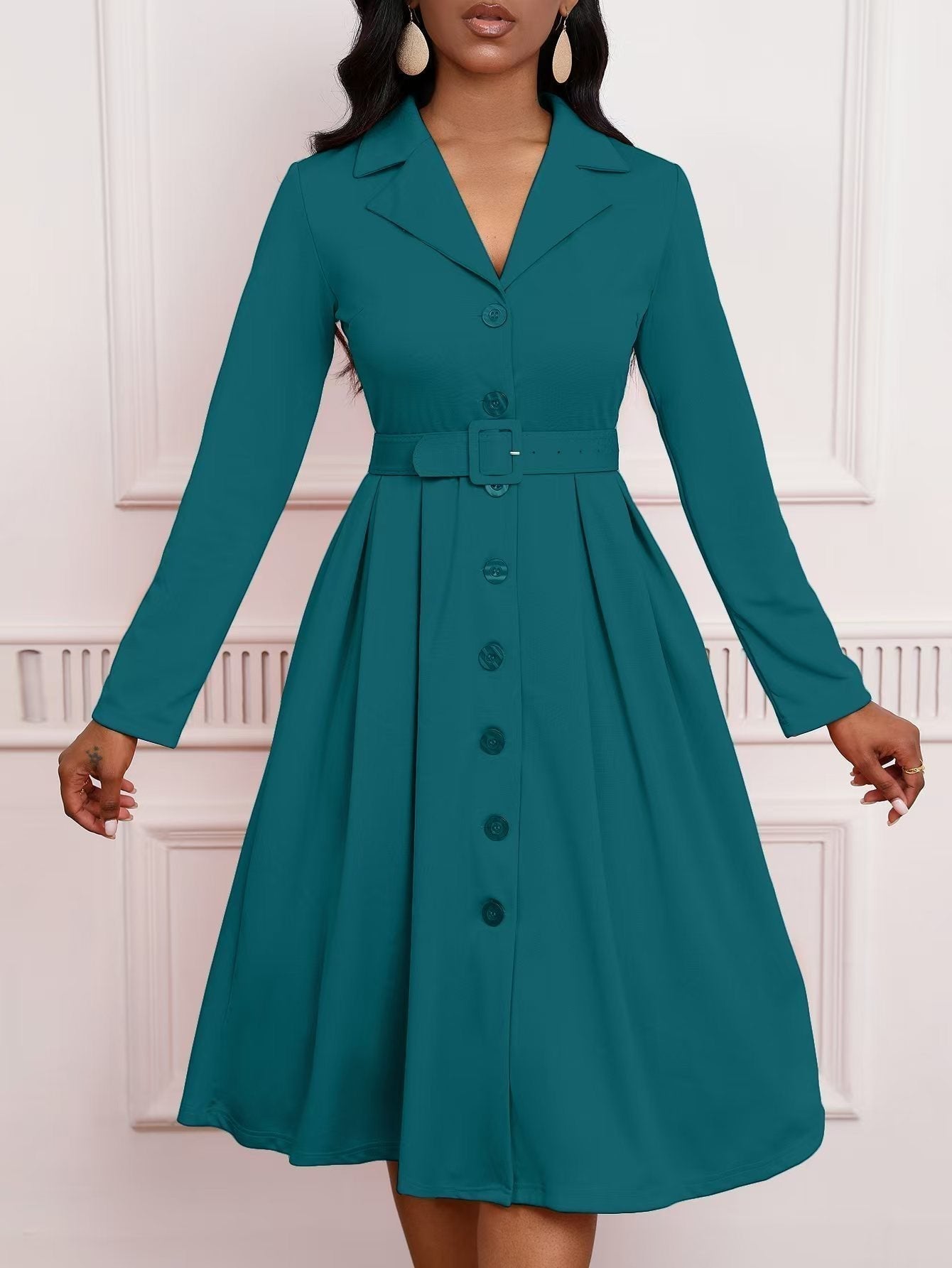 Blazer Collar Button Front Belted A-Line Midi Dress - Office Workwear - MSHIGHBEAUTY