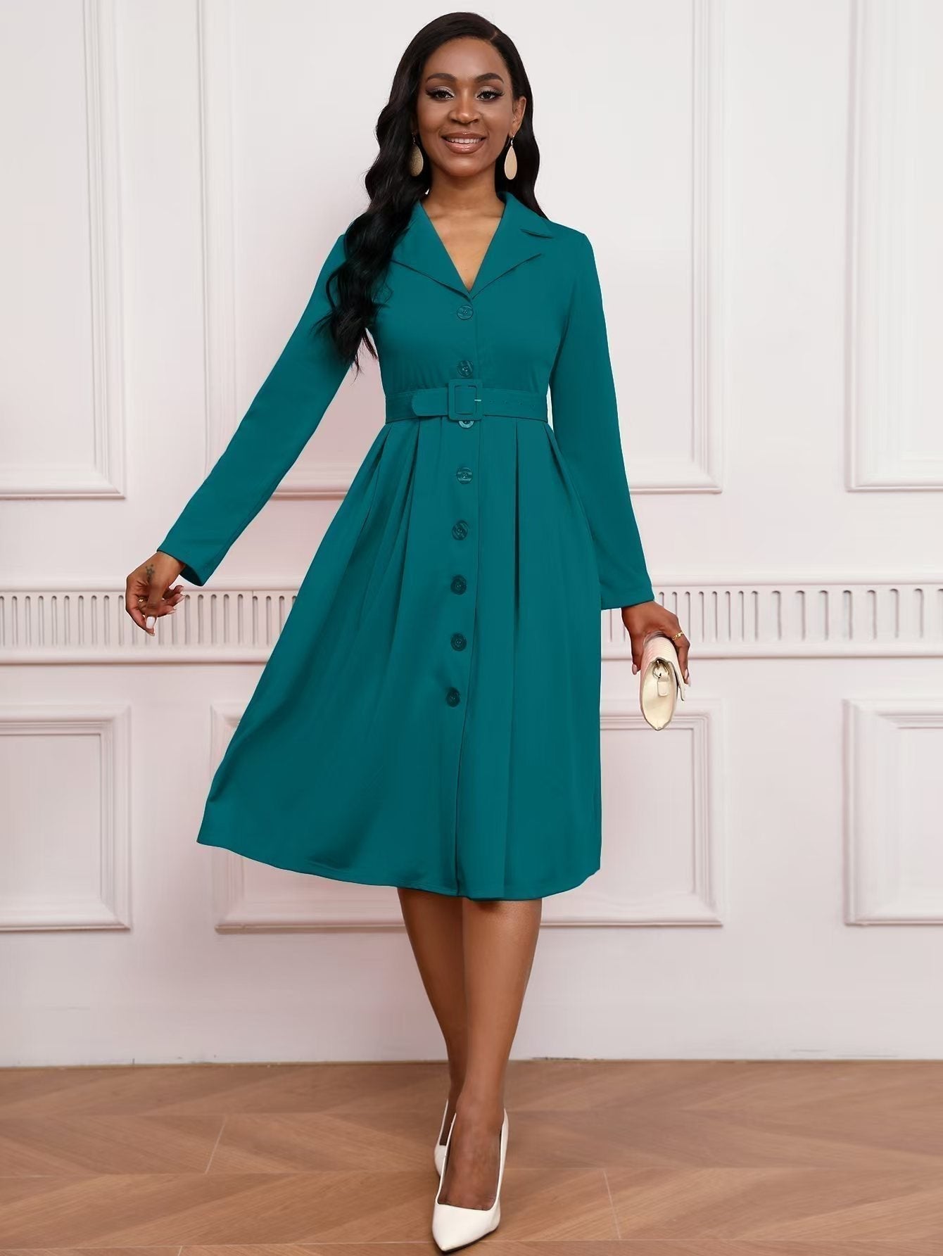 Blazer Collar Button Front Belted A-Line Midi Dress - Office Workwear - MSHIGHBEAUTY