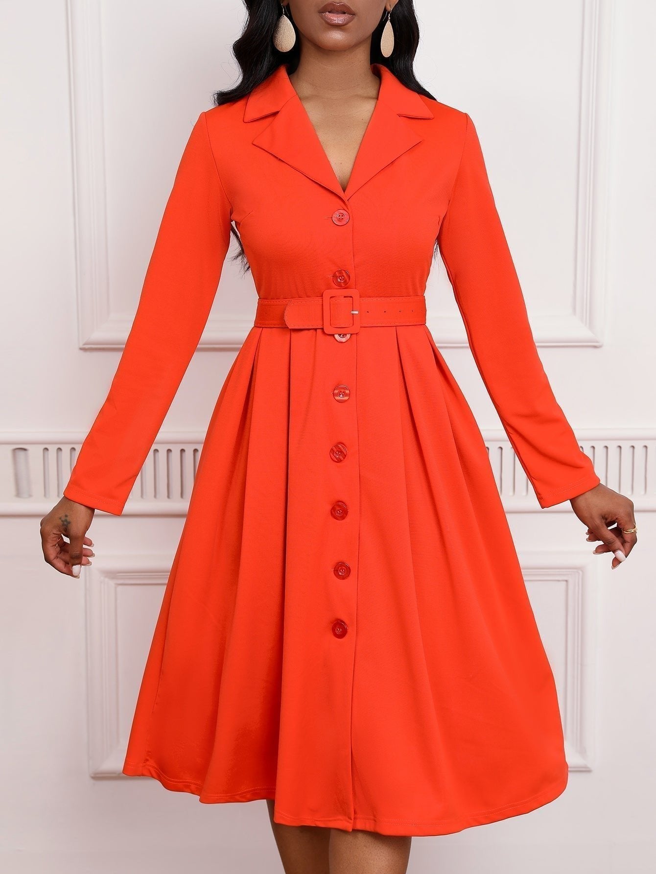 Blazer Collar Button Front Belted A-Line Midi Dress - Office Workwear - MSHIGHBEAUTY